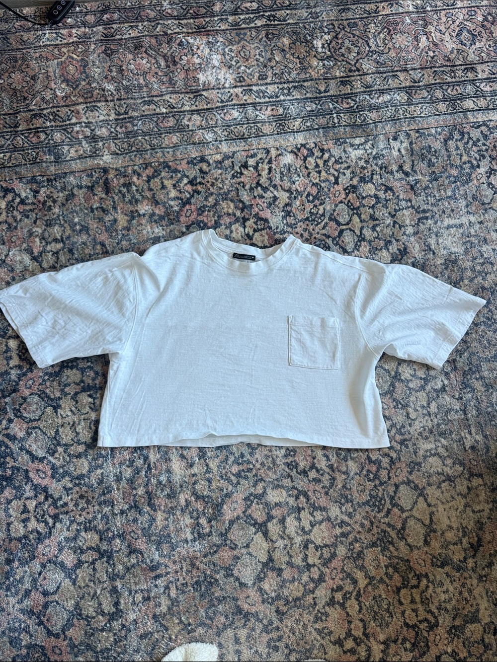 Zara 100% Cotton Cropped White Pocket Tee